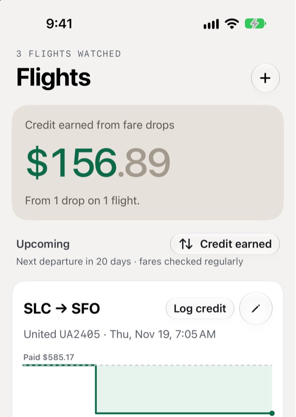 Unflown's Flights screen: $156.89 earned from fare drops on 3 watched flights, and the SLC to SFO United flight paid at $585.17, its fare chart stepping down after a drop.