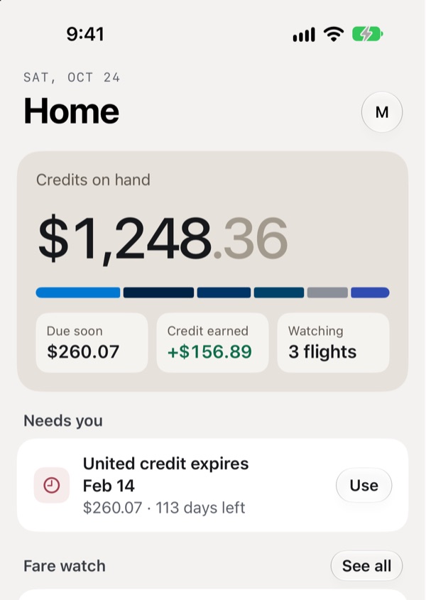 Unflown's Home screen: $1,248.36 in credits on hand, $260.07 due soon, $156.89 in credit earned and 3 flights watched, with a United credit that expires Feb 14 under Needs you.
