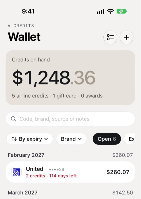 Unflown's Wallet screen: $1,248.36 in credits, sorted by expiry month: United $260.07 in February 2027, Southwest $142.50 in March, Delta $198.00 in June.